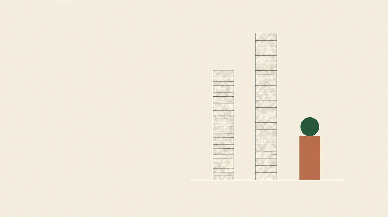 Two tall columns built from many stacked outlined rectangles beside one short solid terracotta column topped with a green circle.