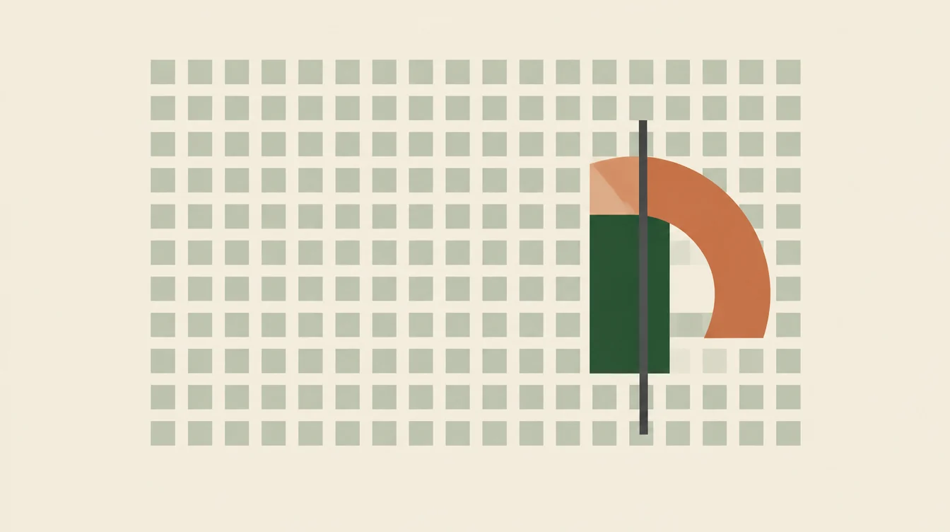 A grid of identical sage squares broken by one composition of a terracotta arc, a green rectangle, and a charcoal line.