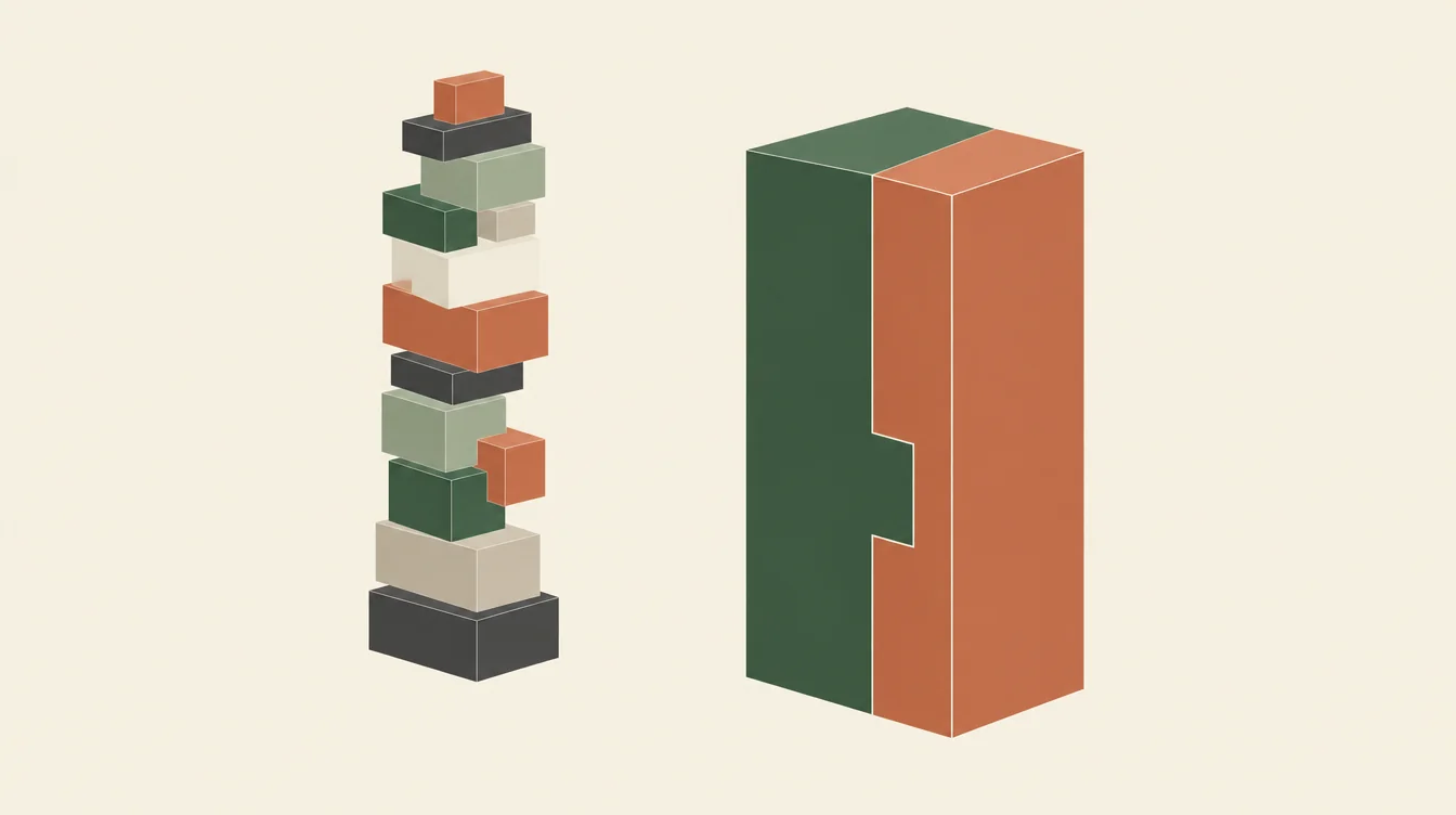 A tall uneven stack of mismatched small blocks beside a single clean green and terracotta monolith joined by a precise interlocking seam.