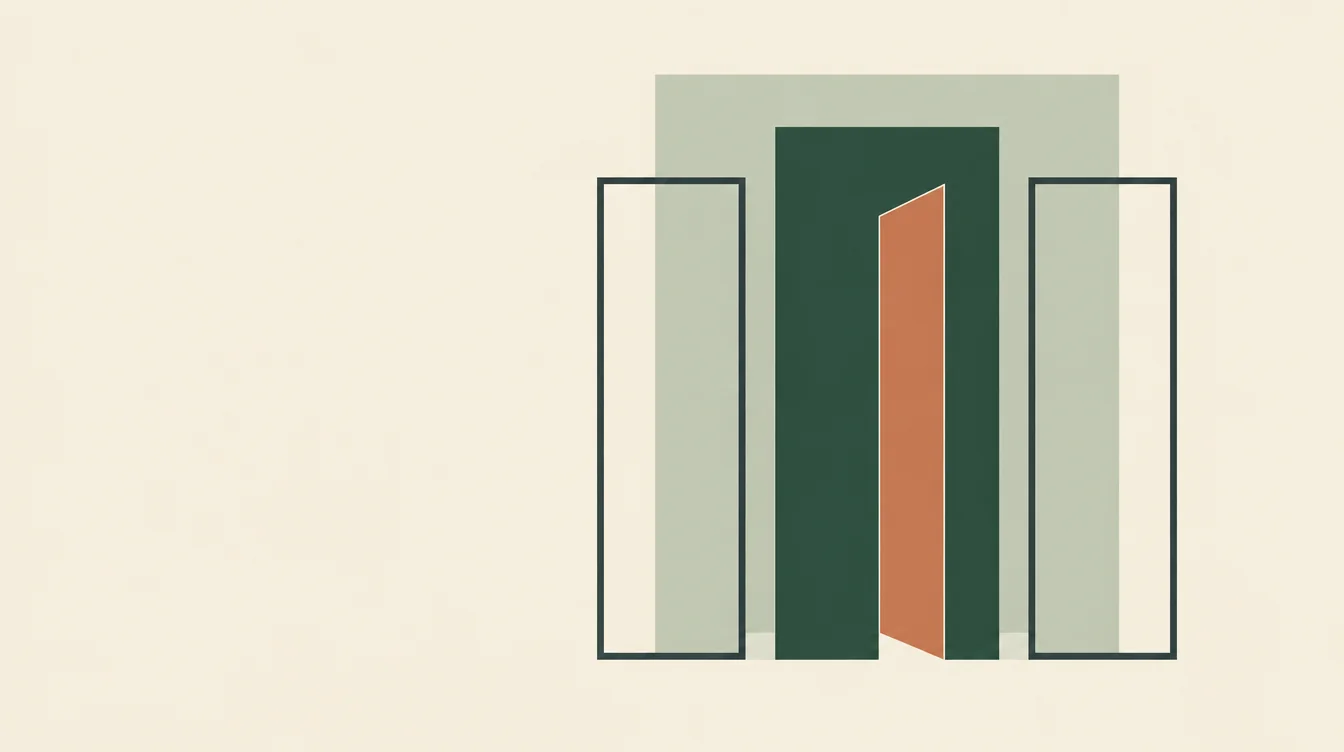 Three tall frames in a row like a facade, the center one solid green with a terracotta panel opening inside it like a door.