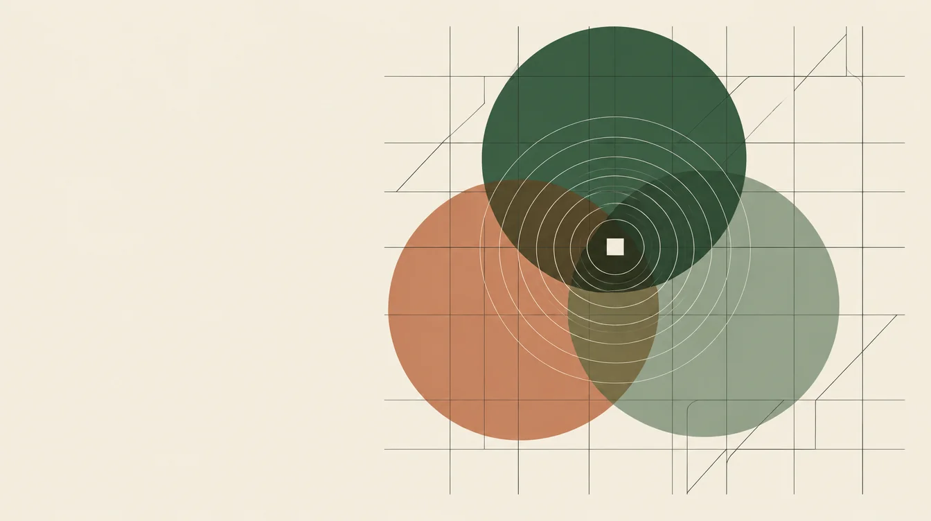 Three overlapping translucent circles in terracotta, green, and sage over a fine city grid, with a small square held where all three meet.