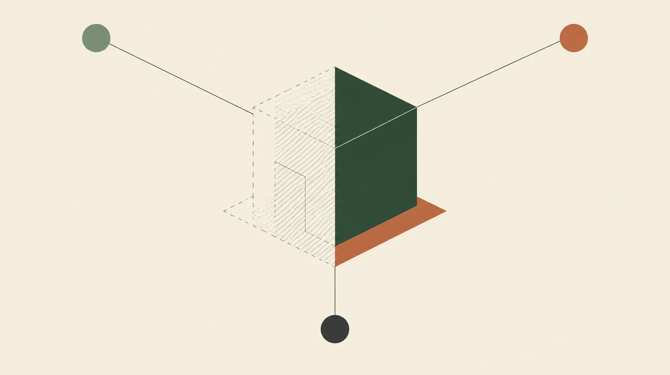 Three small circles connected by lines to one block, its left half drawn as faded hatching and its right half solid green on a terracotta base.