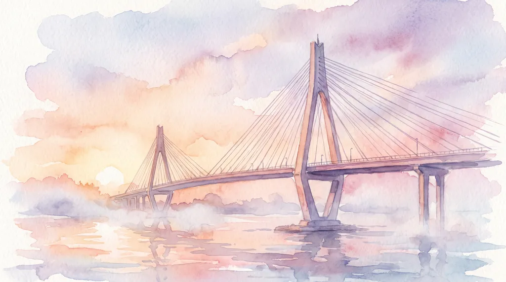 Watercolor of the Talmadge Bridge over the river at sunrise