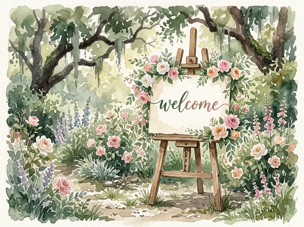 Watercolor of a garden welcome sign on a wooden easel, ringed with roses