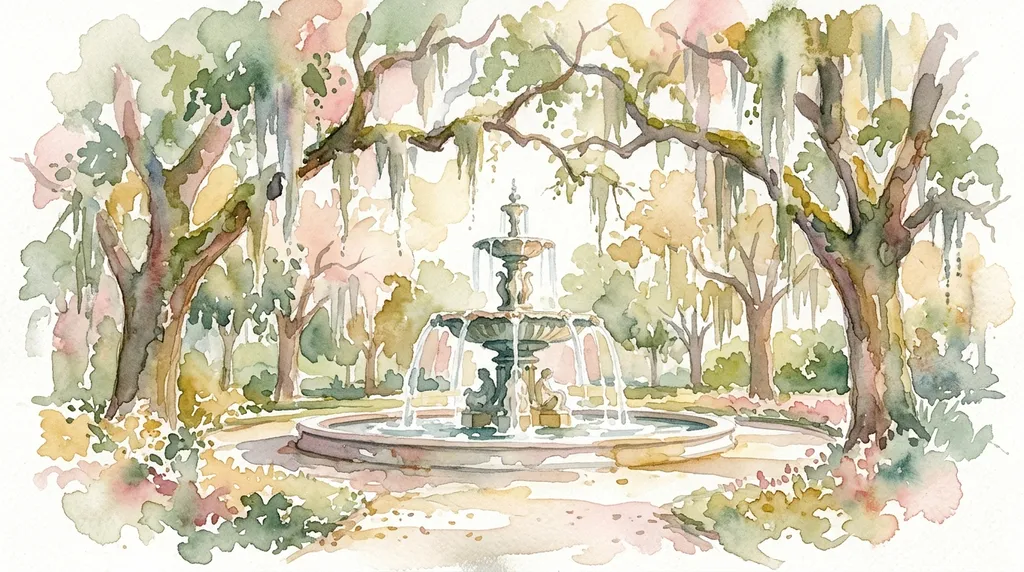 Watercolor of the Forsyth Park fountain under live oaks