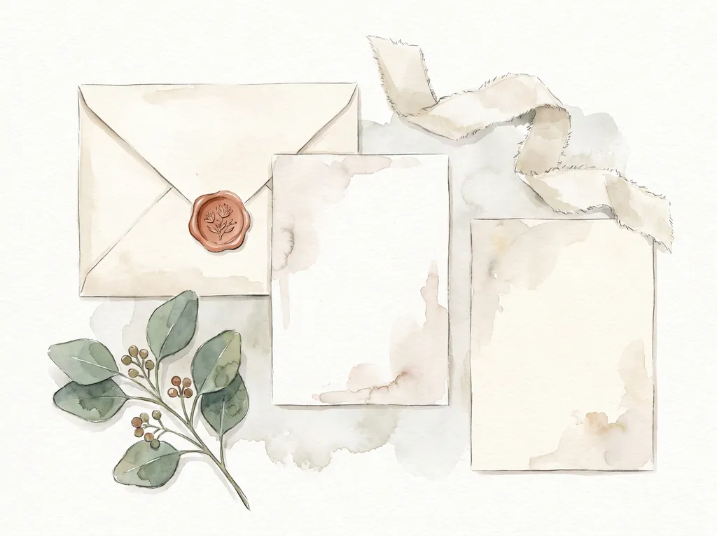 Watercolor of an invitation suite: envelope with a wax seal, two blank cards, a ribbon, and eucalyptus