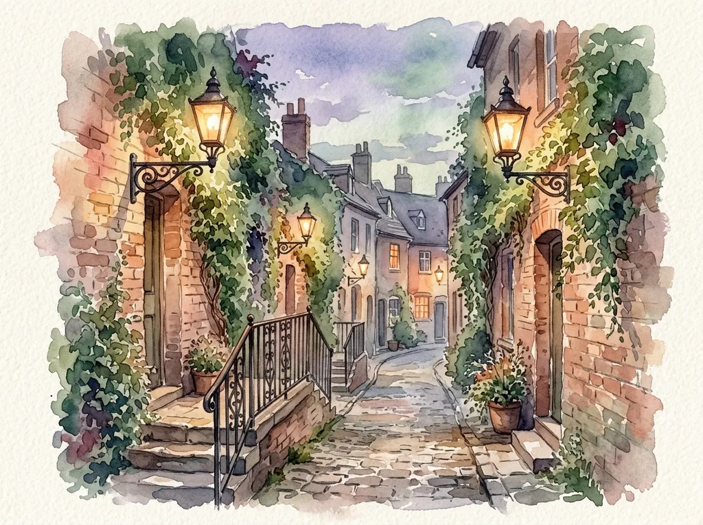 Watercolor of a cobbled Savannah lane with iron lamps and ivy on brick