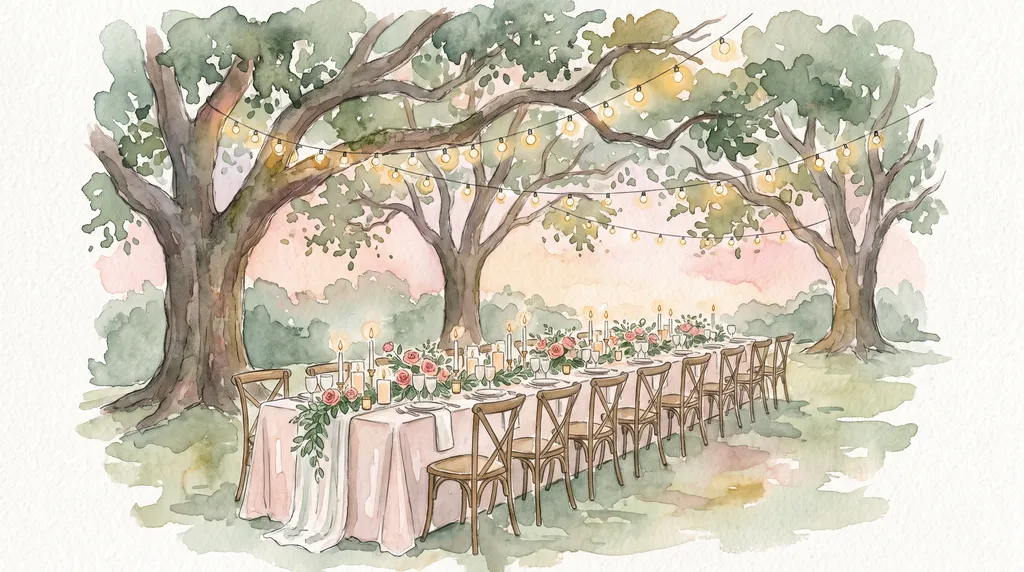 Watercolor of a long dinner table set under live oaks with string lights