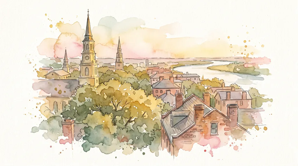 Watercolor of Savannah rooftops and church spires seen from above